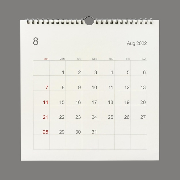 Pagina del calendario di agosto 2022 su sfondo bianco. Sfondo del calendario per promemoria, pianificazione aziendale, appuntamento e evento. Avvicinamento.