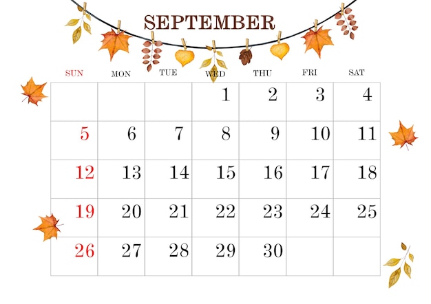 Pagina del calendario per il mese di settembre. Primo piano, vista dall'alto. Nessuno