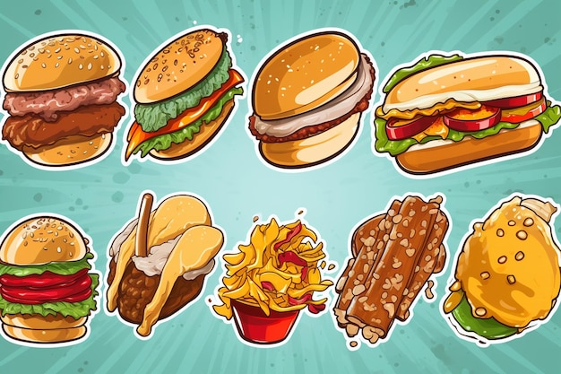 Pagina di composizione di pannelli a fumetti di fast food con palloncini di discorso e sfondi colorati