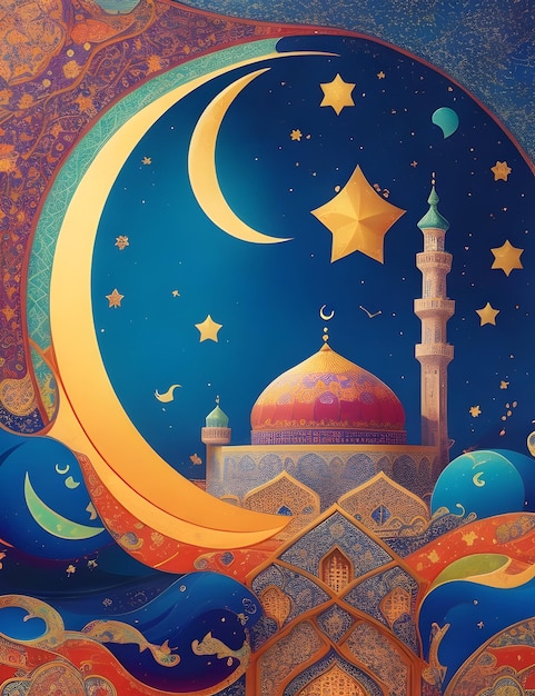 Pagina di copertina della moschea islamica di lune a falce di stelle colorate