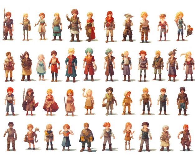 Pagina di sprite dei personaggi del gioco Illustrazione NPC isolata su riferimento di design del gioco bianco