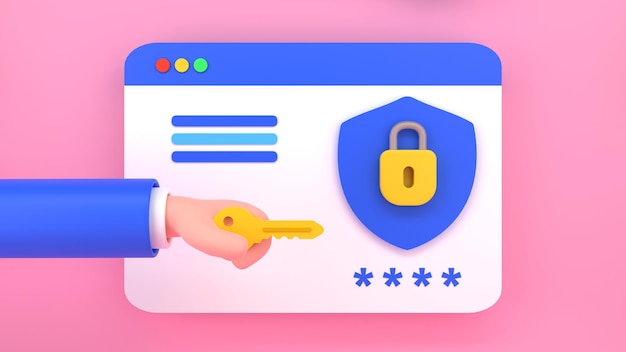 Pagina Internet con serratura e cartone animato mano umana che tiene una chiave Security.3d del sito Web illustrazione di rendering
