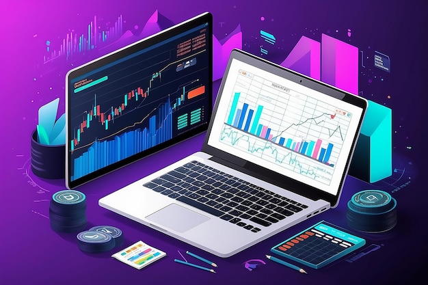 Pagina promo del trading azionario Forex con illustrazione vettoriale del portatile