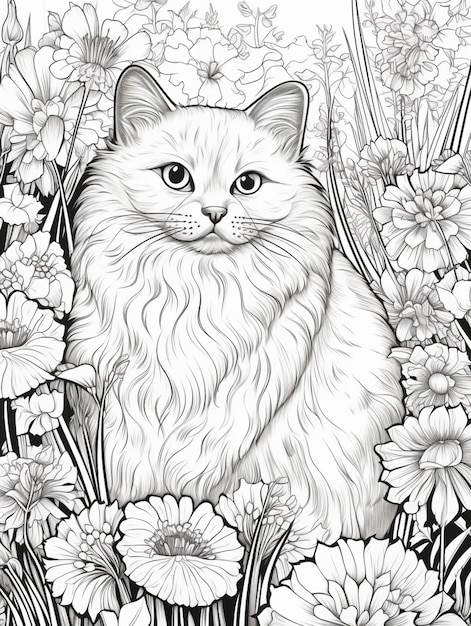 pagine da colorare di gatti e fiori generative ai