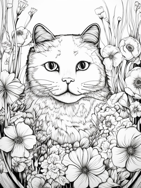 pagine da colorare di gatti e fiori generative ai