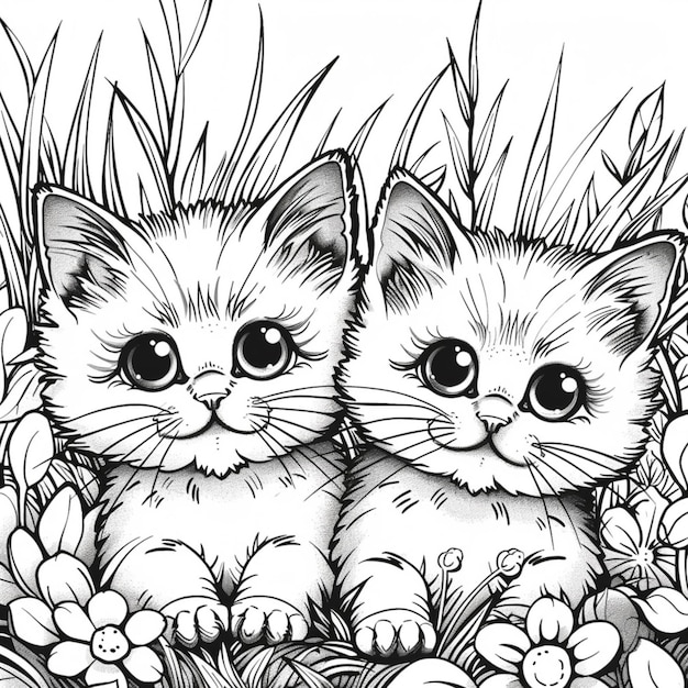 pagine da colorare di gatti nell'erba con fiori generativo ai