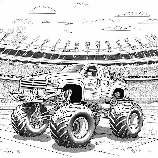 Pagine da colorare di Monster Truck realistici Salti emozionanti e folla vibrante allo stadio