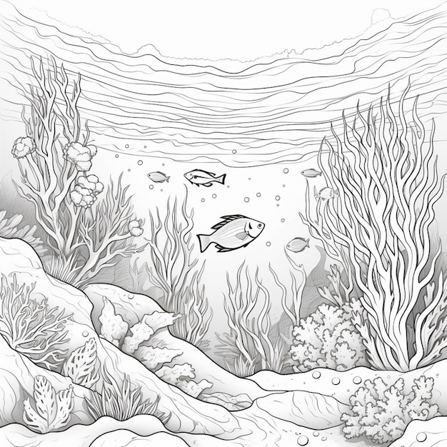 pagine da colorare di pesci e piante sotto il mare generative ai