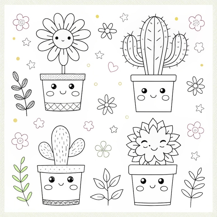 Foto pagine da colorare di piante kawaii