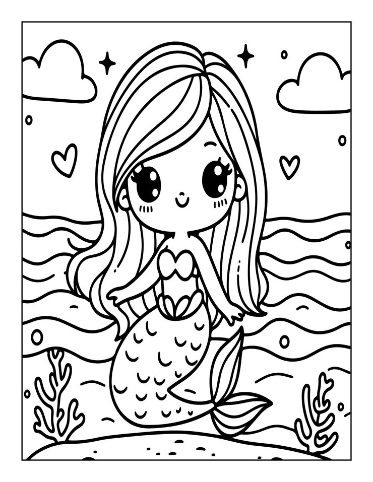 pagine da colorare di sirene carine per bambini generate da ai
