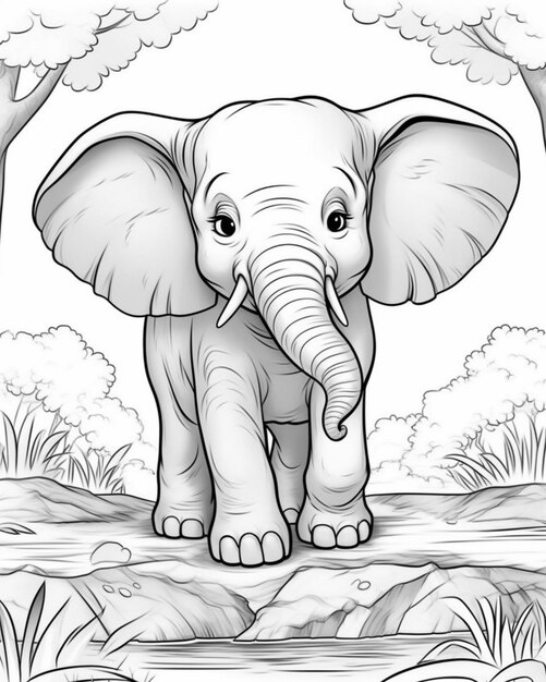 pagine da colorare di un elefante in piedi nella giungla ai generativa