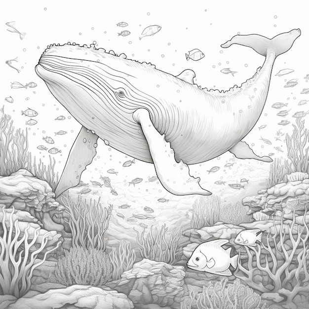 pagine da colorare di una balena e pesci che nuotano nell'oceano generative ai