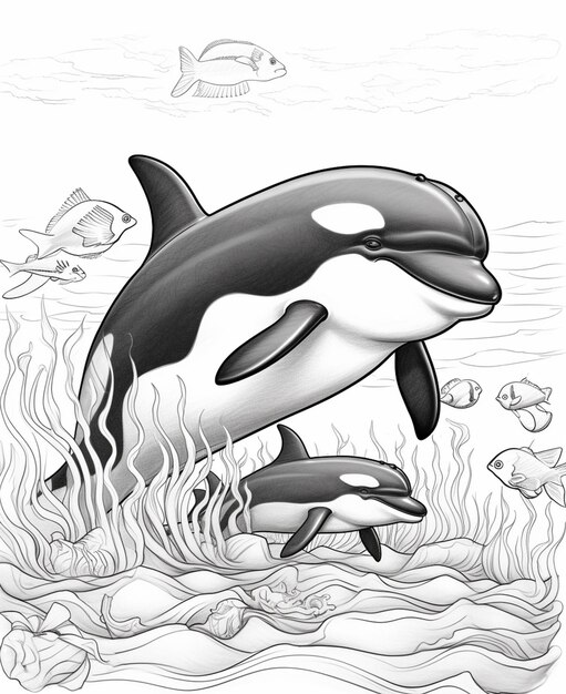 pagine da colorare di una balena e un delfino nell'oceano generativo ai