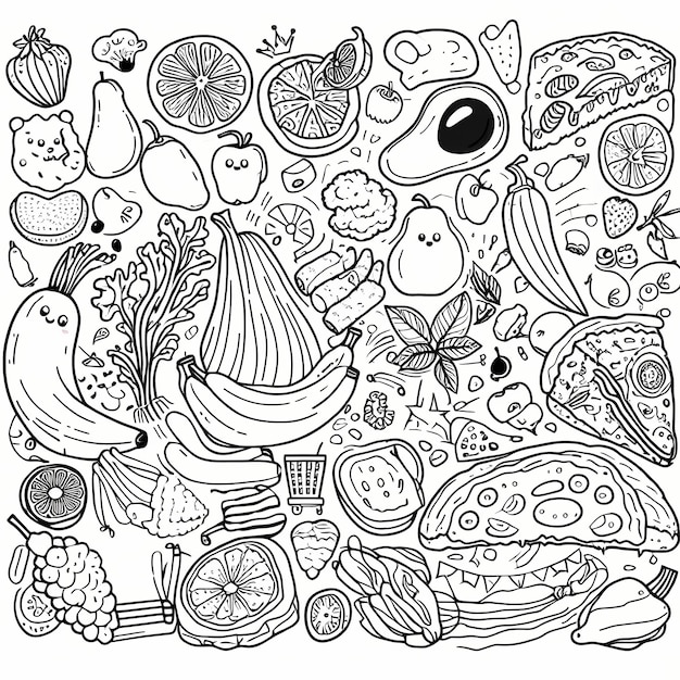 Pagine da colorare disegnate a mano illustrazione con frutta e verdura