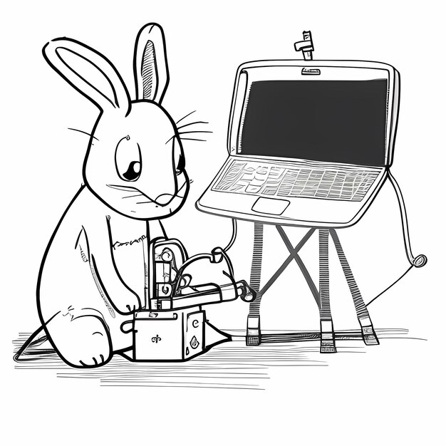 pagine da colorare per bambini delineano un coniglio cartone animato con un supporto per laptop