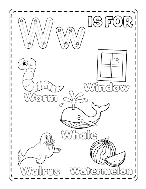 Pagine da colorare per il carino alfabeto W stampabile