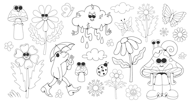 Pagine da colorare retro groovy fiori di cartoni animati personaggi disegno a righe