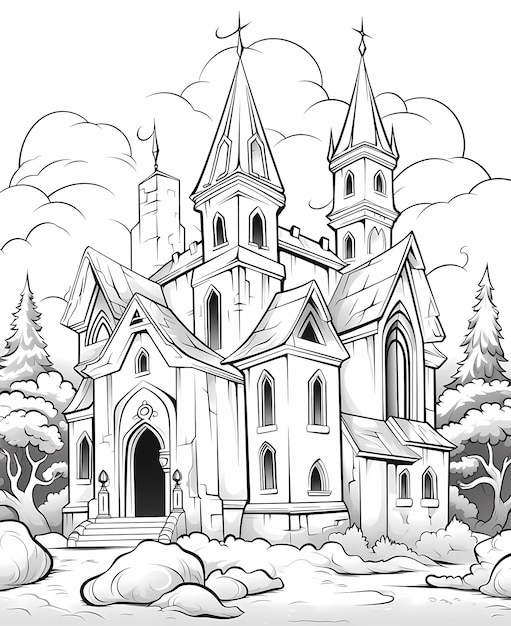 pagine di libri da colorare di Halloween per bambini Castello dei vampiri vicino al cimitero