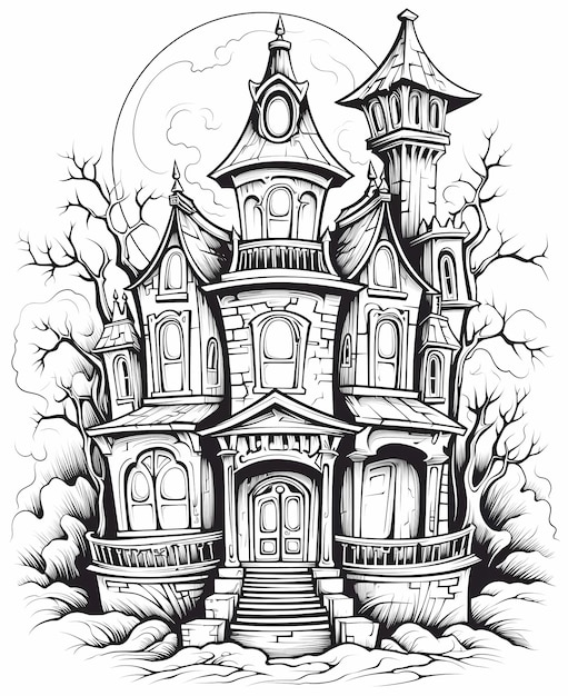 pagine di libri da colorare di Halloween per bambini Creepy Mansion in the Moonlight