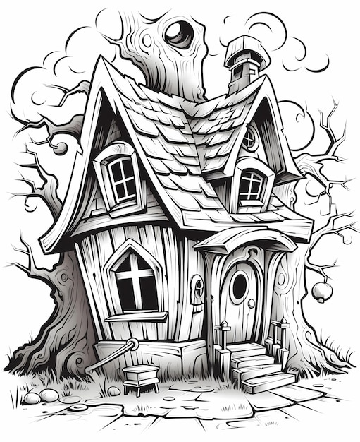 pagine di libri da colorare di Halloween per bambini Il cottage della strega nel bosco stregato