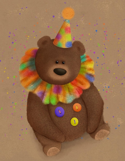 Pagliaccio orsacchiotto, simpatico animale per la decorazione della camera dei bambini, biglietto di auguri, illustrazione dei boscimani, circo