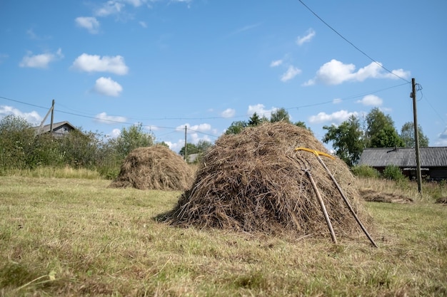 Pagliaio con strumento per la raccolta di rastrelli e forche per erba secca sullo sfondo del paesaggio rurale