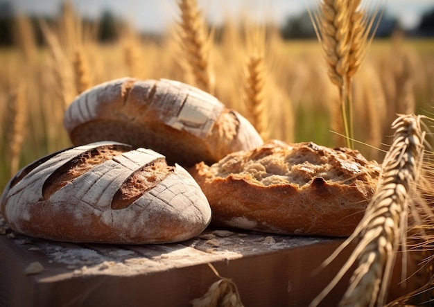 Pagnole di pane di segale fresco sullo sfondo di un campo di segaleAI Generative