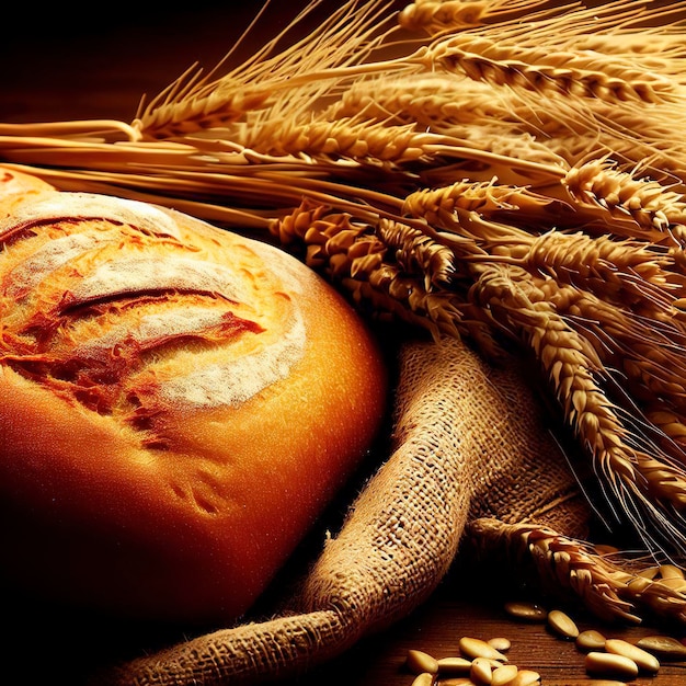 pagnotta di pane e spighe di grano e sacco su fondo di legno