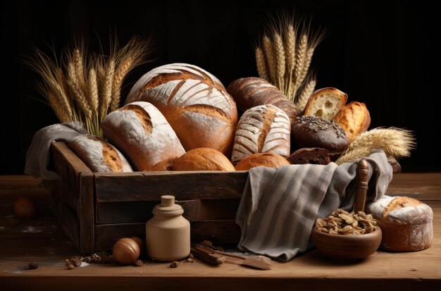 Pagnotta di pane fatta in casa in una scatola di legno con tavolo scuro