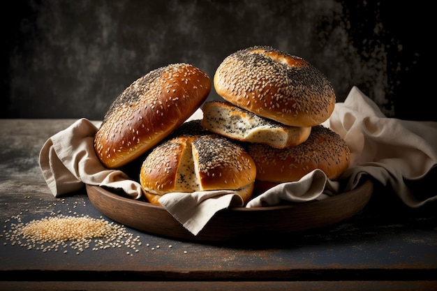 Pagnotte di pane fatte in casa con sesamo e semi di papavero