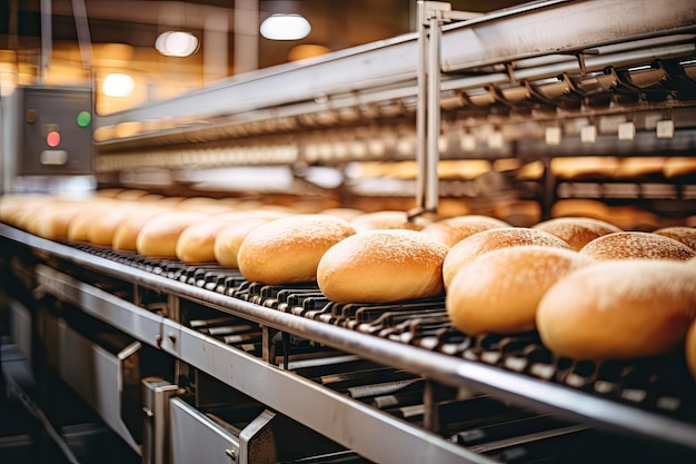 Pagnotte di pane sul trasportatore automatizzato di una panetteria