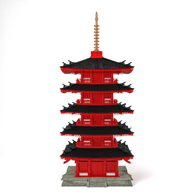 Pagoda antica giapponese a basso poli isolata su sfondo bianco rendering 3d