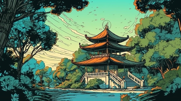 Pagoda cinese in un giardino tranquillo Concetto di fantasia Pittura di illustrazione