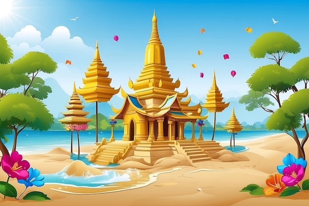 Pagoda di sabbia della festa di Songkran con bandiera Thailandia Giorno tradizionale del Capodanno
