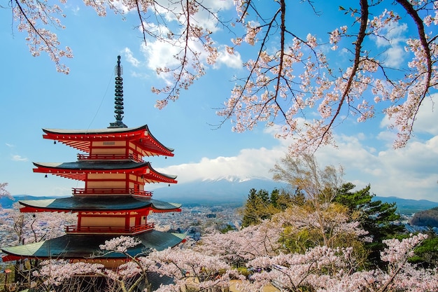 Pagoda rossa Chureito con Cherry Blossom e Monte Fuji