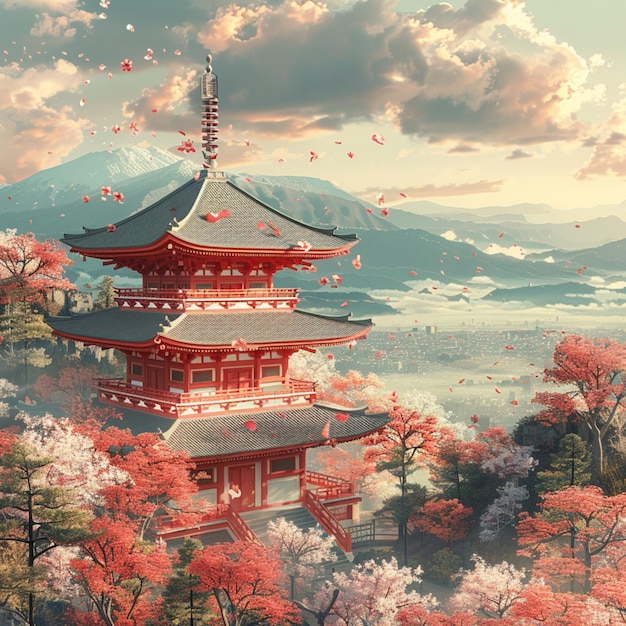 Pagoda rossa con fiori di ciliegio e cielo blu Pittura digitale
