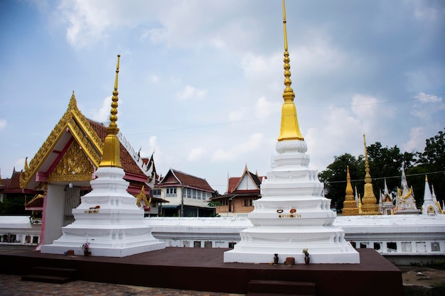 Pagoda stupa o urna di cremazione chedi antico stile thailandese nell'antico cimitero di Wat Pradu Songtham tempio per la gente thailandese visita e prega rispetto misterioso il 4 novembre 2023 ad Ayutthaya Thailandia