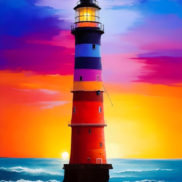 Paint Nite Sunset Lighthouse Silhouette Dipinto realistico di un faro solitario che si staglia