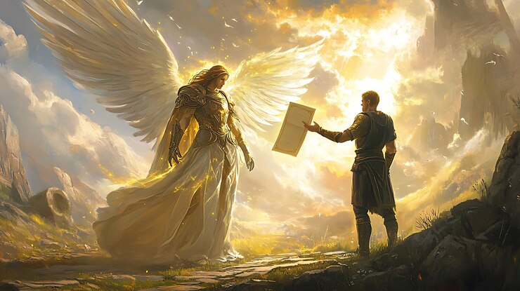 painting of a man and woman holding a sign with an angel in the background