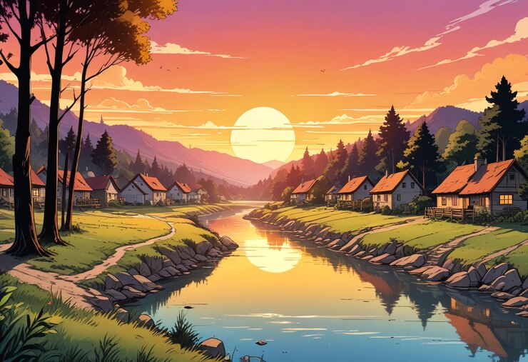 PAINTING OF A SMALL VILLAGE ON THE SIDE OF A RIVER AT SUNRISE