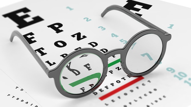 Paio di occhiali a lenti tonde impostati su test della vista con lettere e numeri