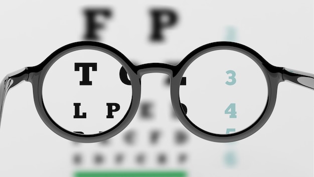 Paio di occhiali da vista a lenti tonde con test della vista e sfocatura parziale