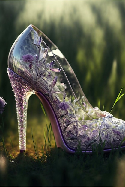 Paio di scarpe viola che si siedono sopra un campo verde lussureggiante ai generativo