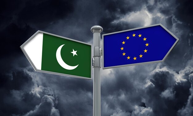 Pakistan e guida dell'Unione Europea Muoversi in diverse direzioni Rendering 3D