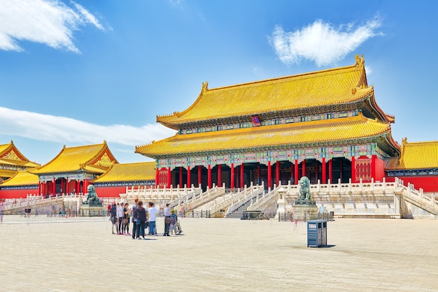 Palazzi, pagode all'interno del territorio del Museo della Città Proibita a Pechino nel cuore della città, Cina.