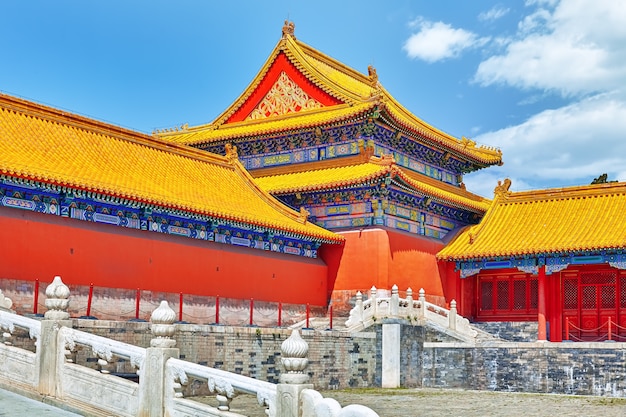 Palazzi, pagode all'interno del territorio del Museo della Città Proibita a Pechino nel cuore della città, Cina.