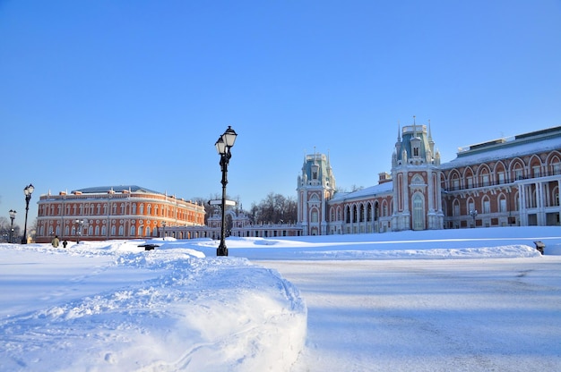 Palazzo di mattoni nel parco di Tsaritsyno in inverno Mosca Russia