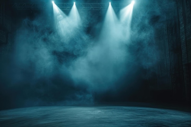 Palco illuminato con proiettori e illuminazione a tavola nera a fumo all'aperto