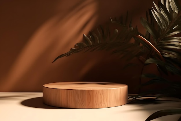 Palco minimalista con un podio rotondo in legno per pubblicizzare foglie di alberi tropicali e ombre da loro Ai Generative