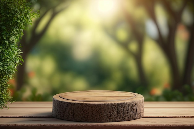 Palco podio rotondo in legno 3D per prodotto con sfondo naturale generato AI